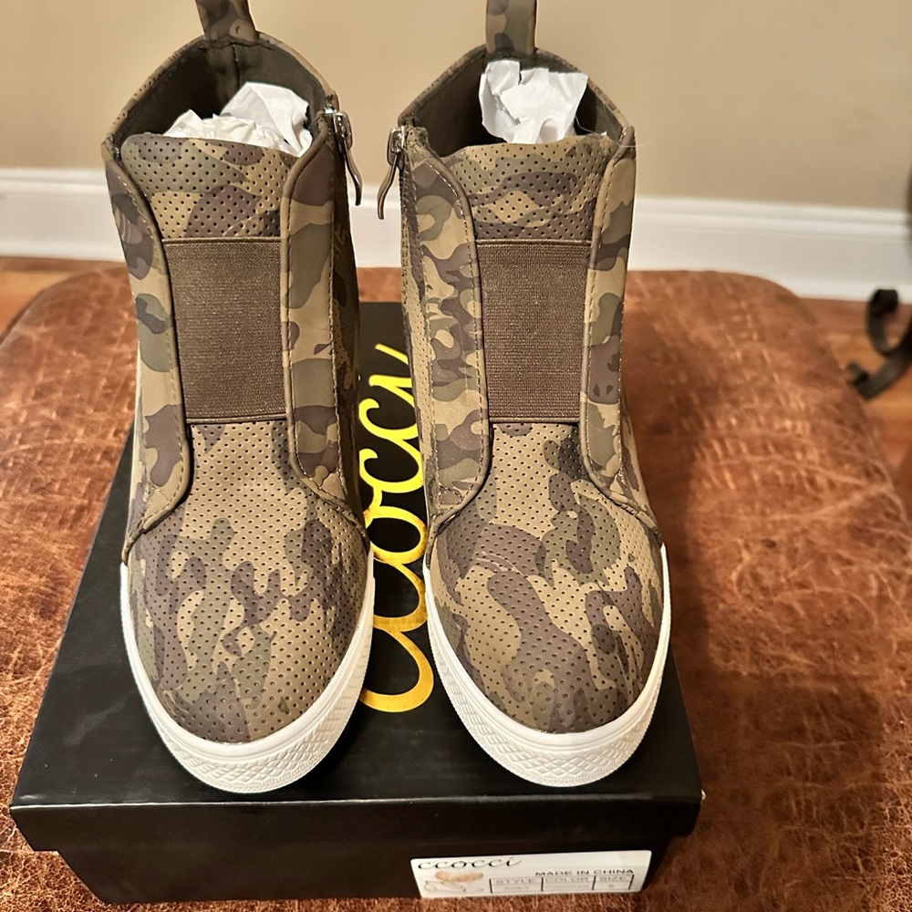 Ccocci camouflage wedge sneaker bootie. Size 8 BRAND NEW IN BOX.